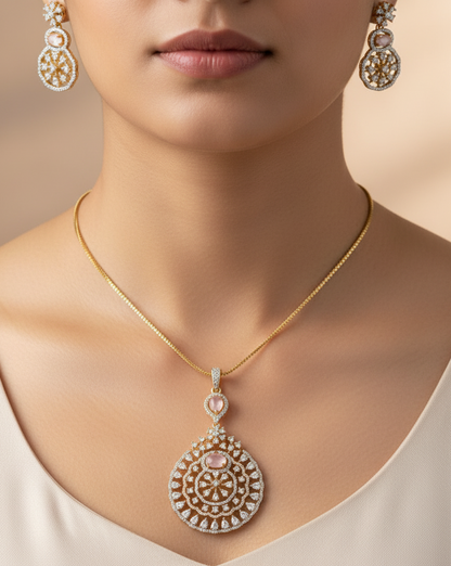 Elegant Rose Quartz &  Diamond Filigree Pendant Set