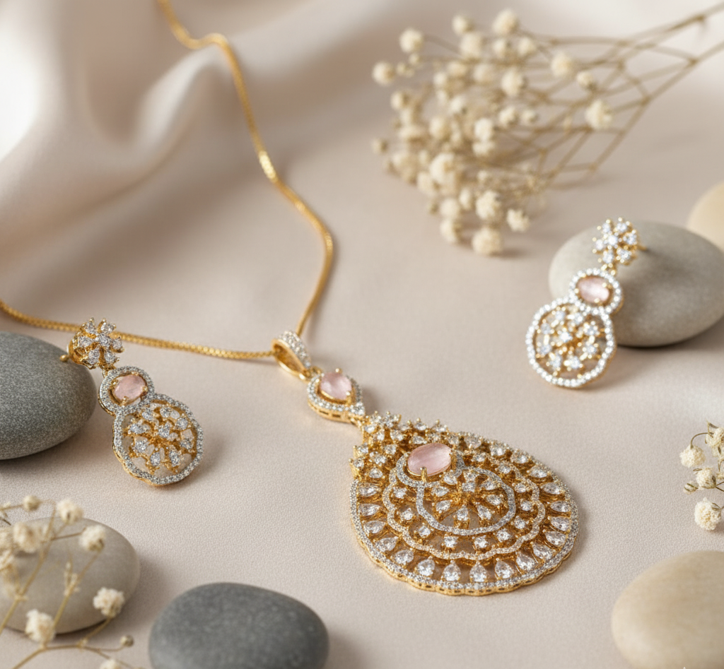 Elegant Rose Quartz &  Diamond Filigree Pendant Set