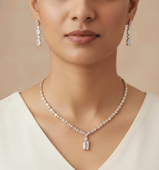 Golden Emerald-Cut Zirconia Necklace Set