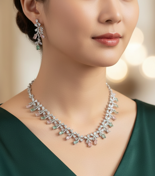 Elegant Zircon Floral Necklace Set