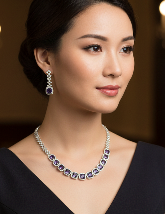 Royal Amethyst Cube American Diamond Necklace Set