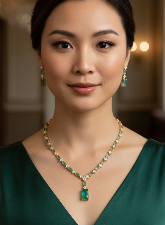 Emerald Green Geometric American Diamond Necklace Set