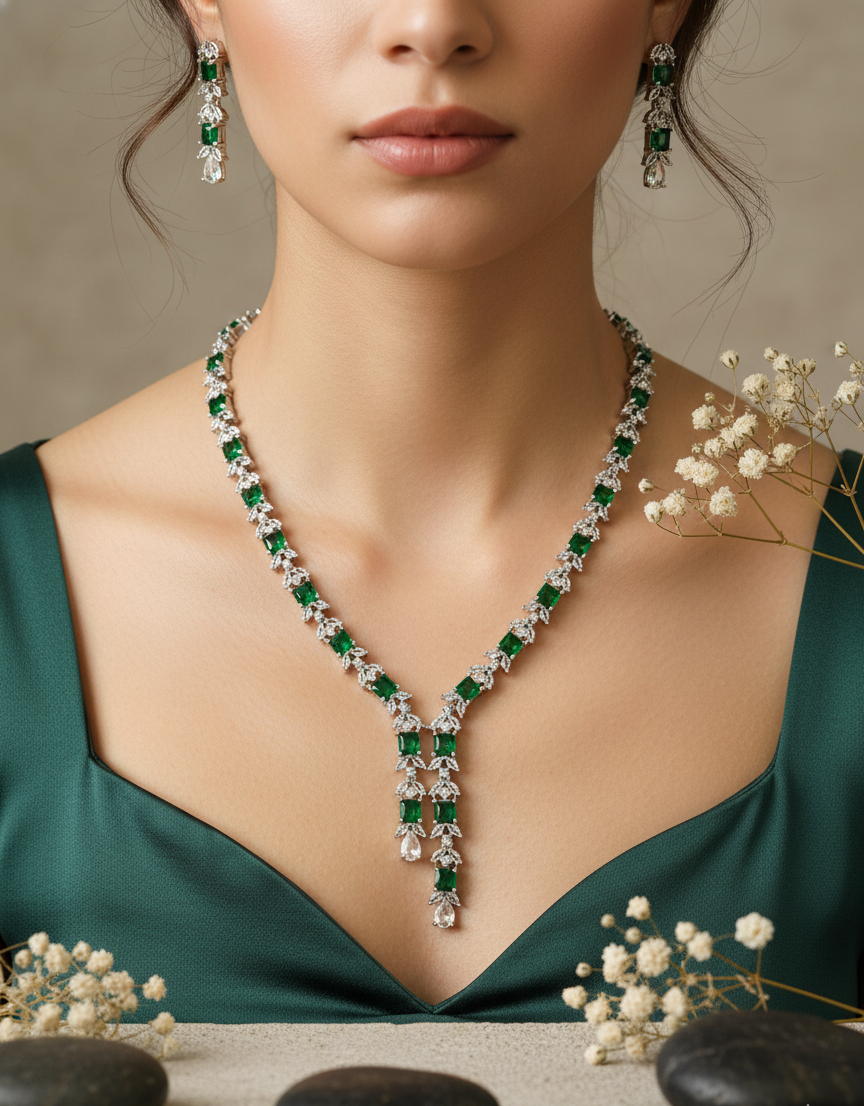 Emerald Green American Diamond Necklace Set