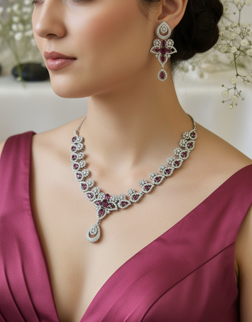 Royal Ruby Red American Diamond Necklace Set