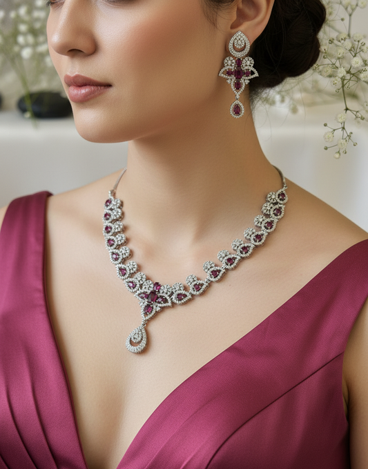 Royal Ruby Red American Diamond Necklace Set