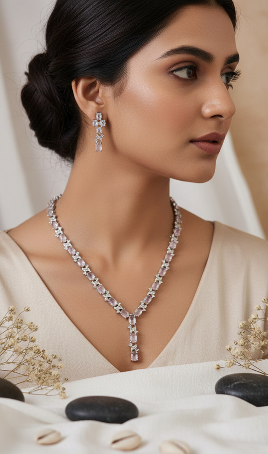 Delicate American Diamond Crystal Drop Necklace Set