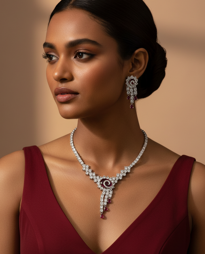 Dazzling Red Crystal American Diamond Set