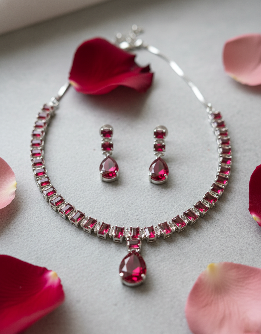 Ruby Red Teardrop American Diamond Necklace