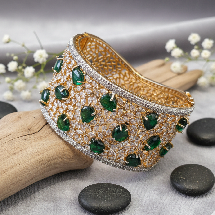 Emerald Bloom Gold-Plated American Diamond Bracelet