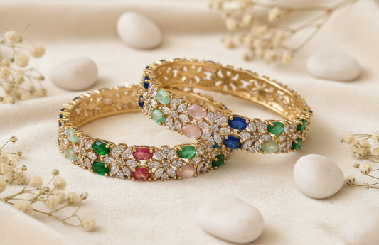 Floral Bloom Gemstone American Diamond Bangles