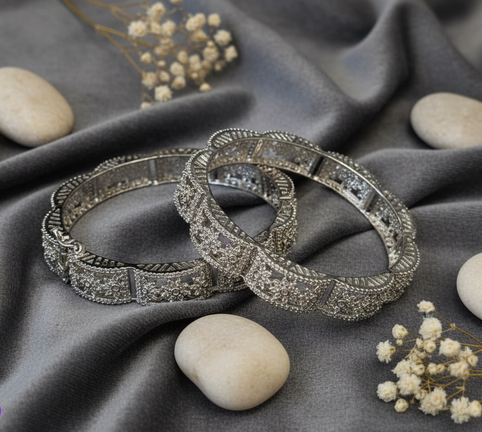 Intricate Filigree American Diamond-Cut Silver Bangles