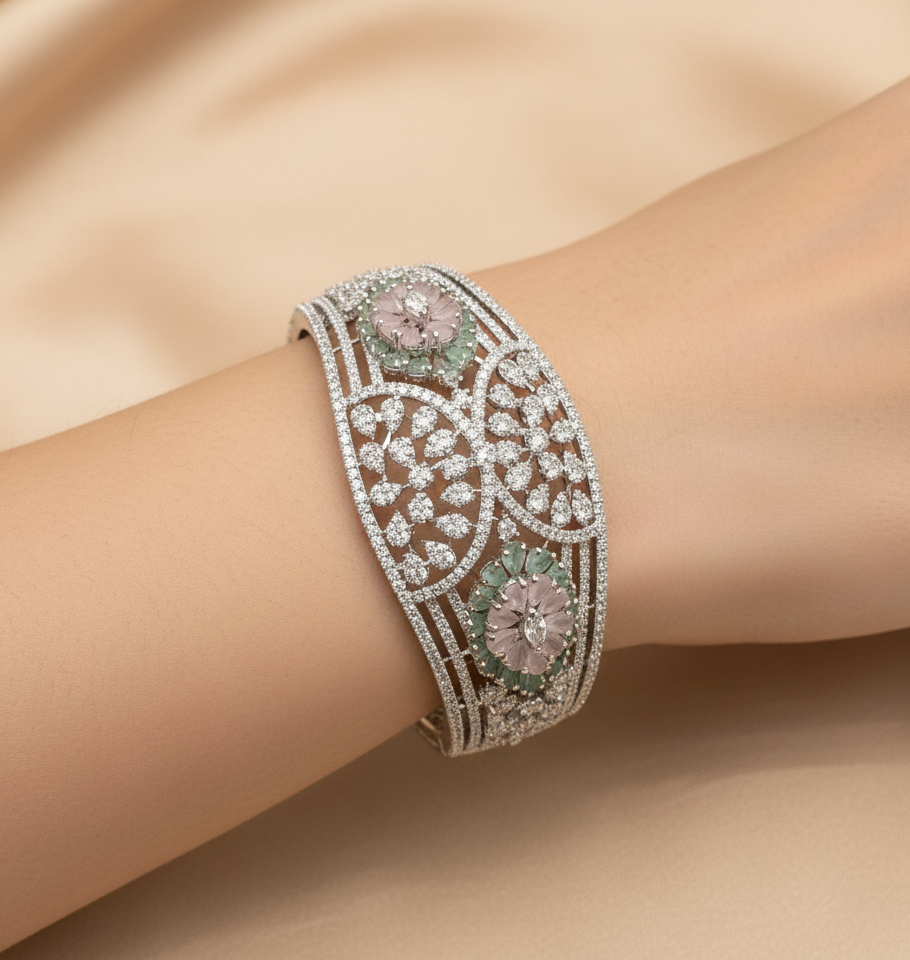 Floral American Diamond  Gemstone Openwork Cuff Bracelet