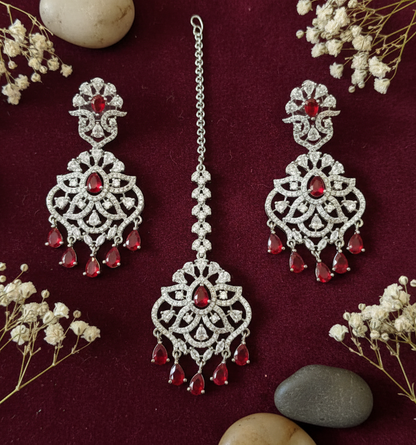 Red Zircon & Silver Plated Indian Maang Tikka and Earrings Set