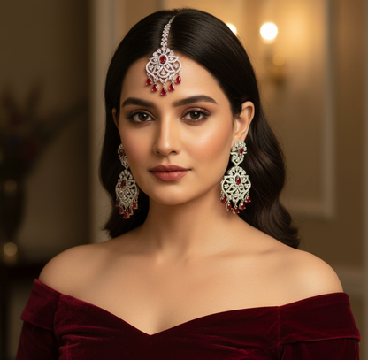 Red Zircon & Silver Plated Indian Maang Tikka and Earrings Set