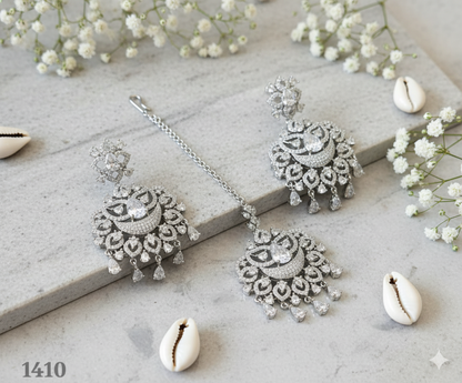 Clear Zircon & Rhodium Plated Indian Maang Tikka and Earrings Set