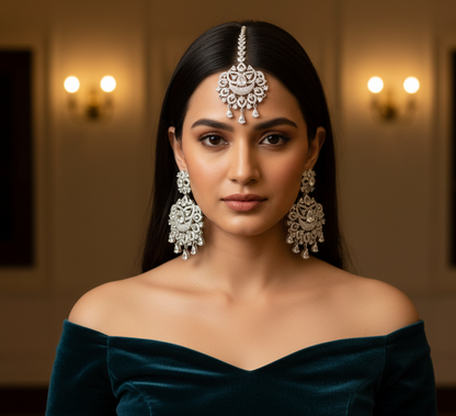 Clear Zircon & Rhodium Plated Indian Maang Tikka and Earrings Set