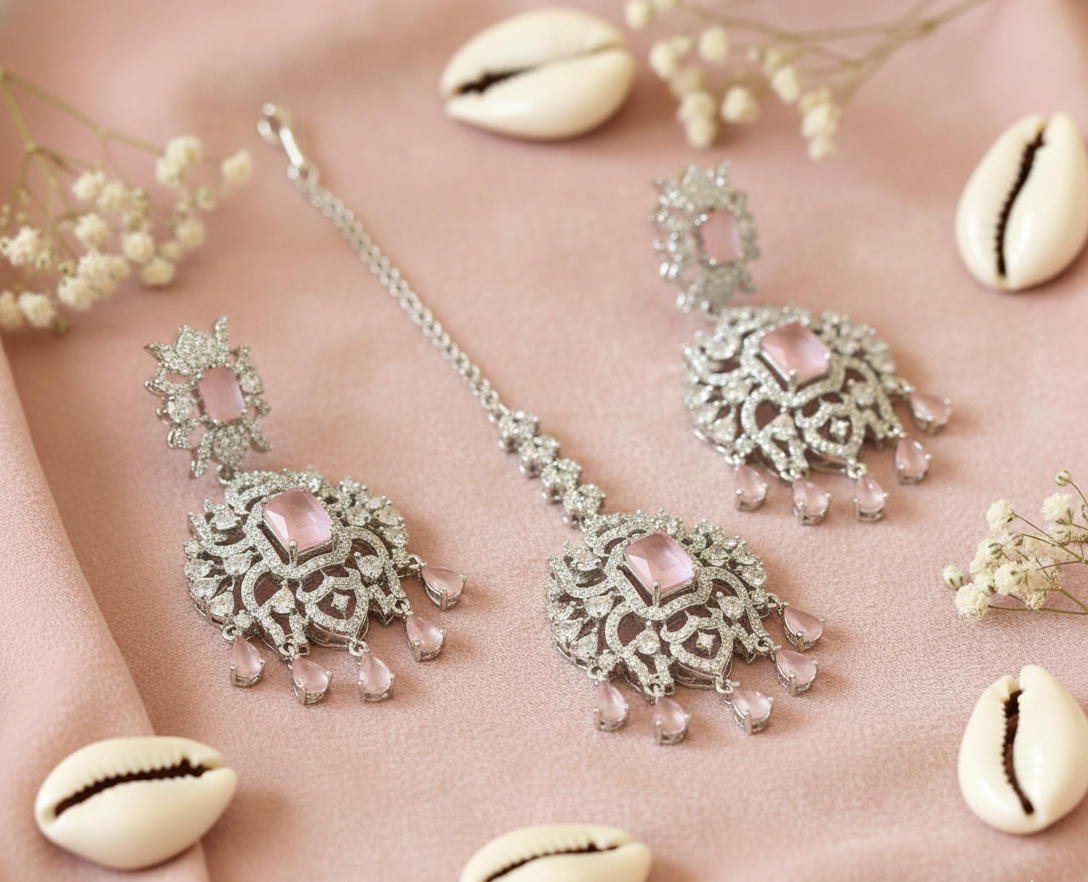 Pink Zircon & Silver Plated Indian Maang Tikka and Earrings Set