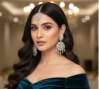 Pink Zircon & Silver Plated Indian Maang Tikka and Earrings Set