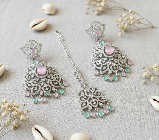 Multi-Zircon & Silver Plated Indian Maang Tikka and Earrings Set