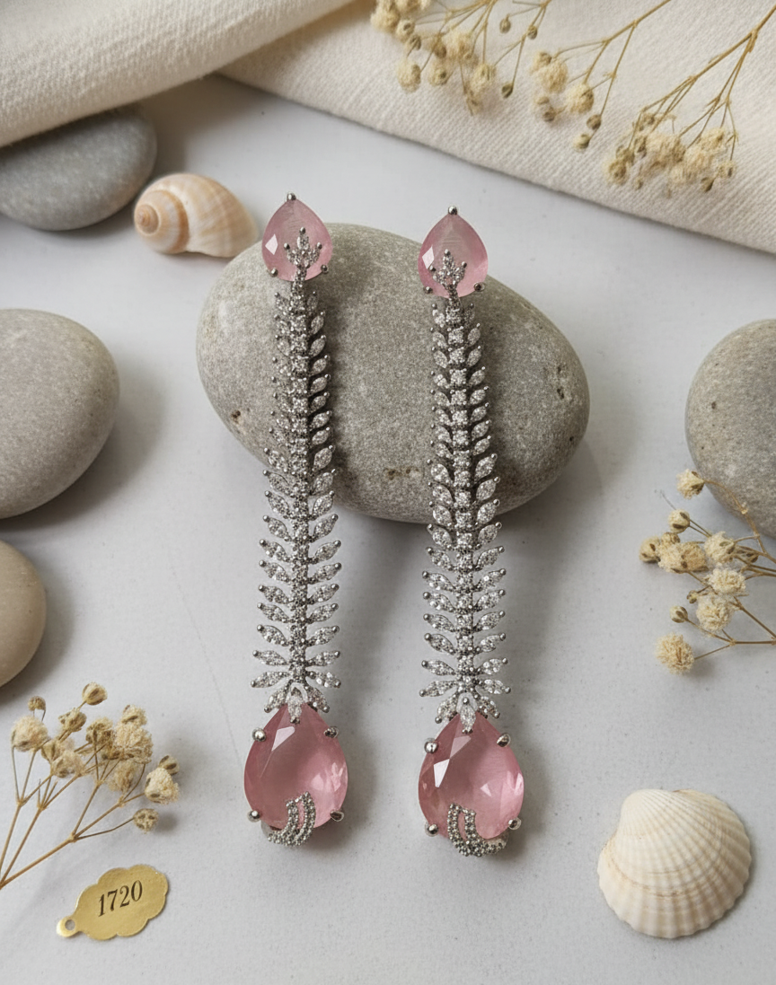 "Pink Willow" Marquise Zircon & Silver Plated Drop Earrings