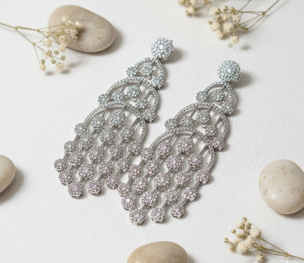 Full Zircon & Rhodium Plated Chandelier Earrings