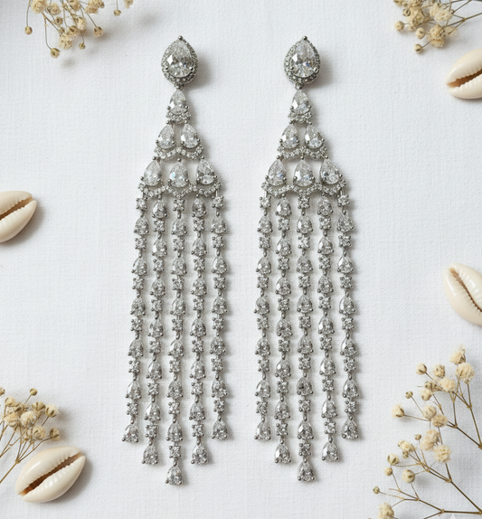 Pear-Cut Zircon & Rhodium Plated Chandelier Earrings