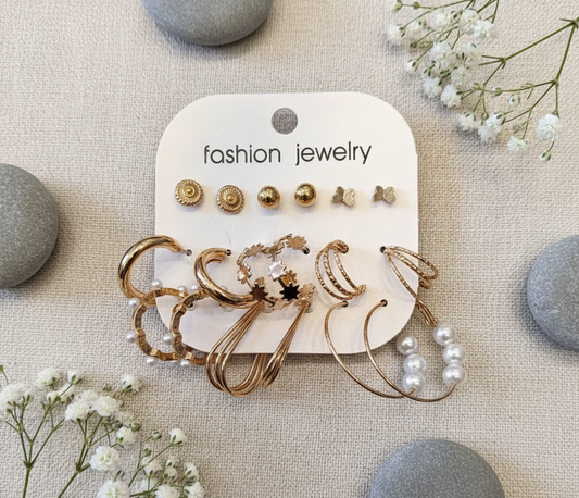 Mixed Golden Pack of 9 Earring Collection