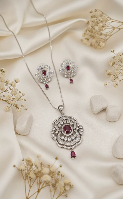 Elegant Ruby & Diamond Floral Pendant Necklace Set
