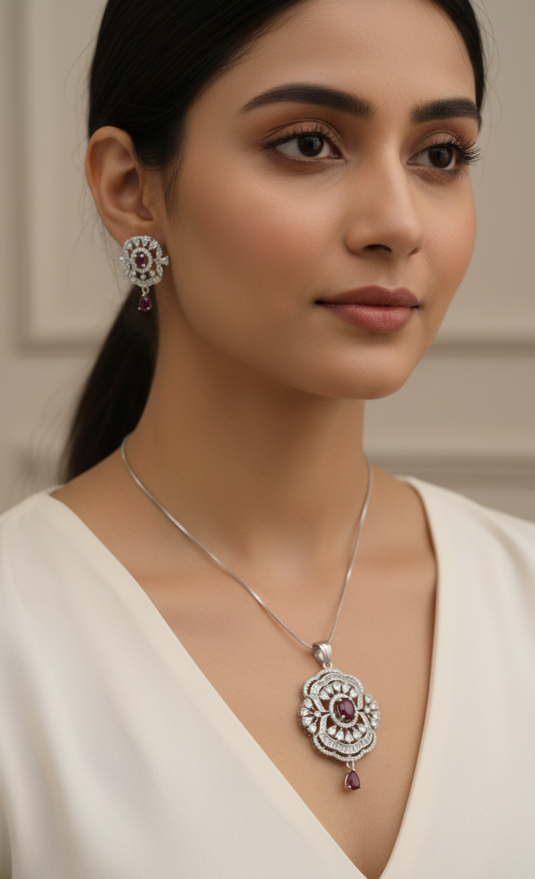 Elegant Ruby & Diamond Floral Pendant Necklace Set