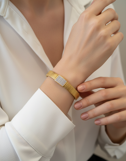 Chic Ridged Gold Bracelet with Pave Crystal Accent