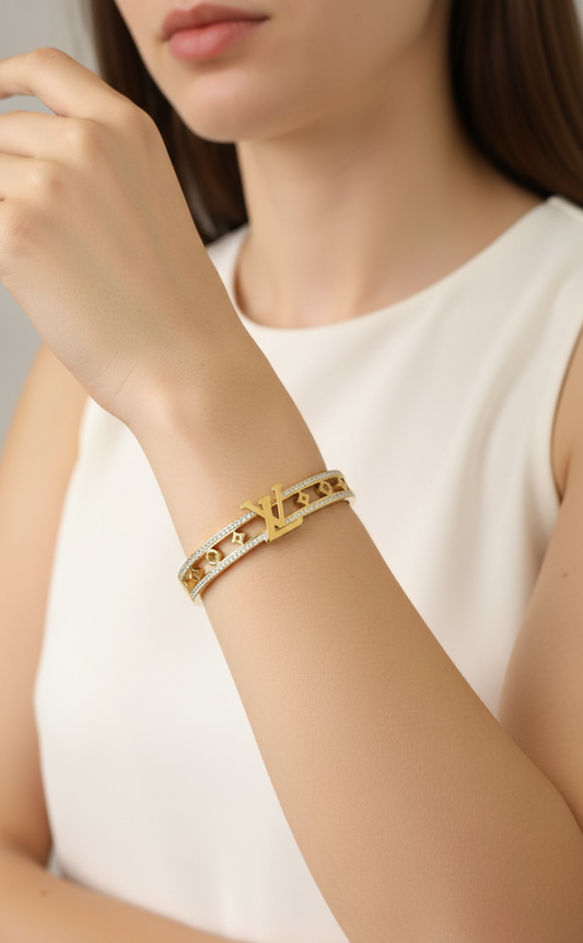Gold Monogrammed "LV" Crystal Cuff Bracelet