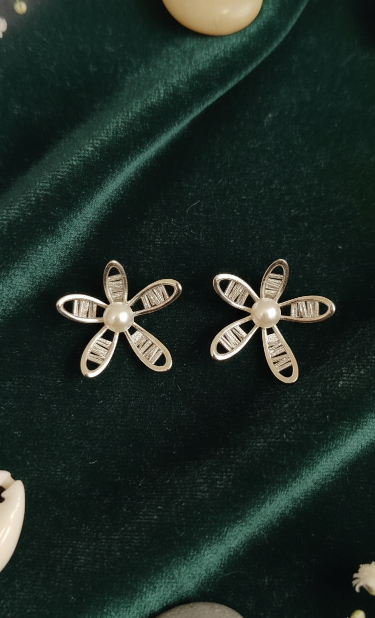 Silver Petal Pearl Stud Earrings