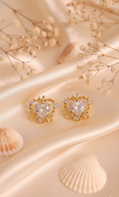 Golden Heart Crystal Stud Earrings