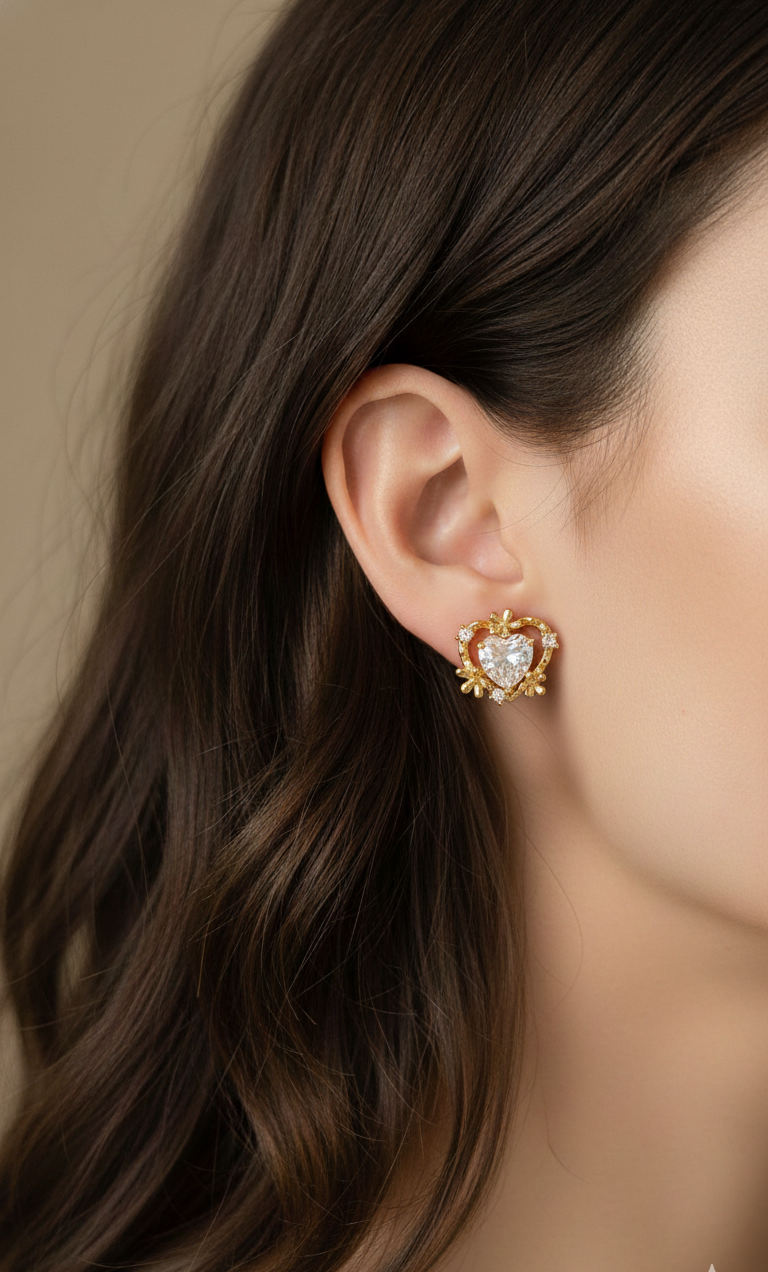 Golden Heart Crystal Stud Earrings
