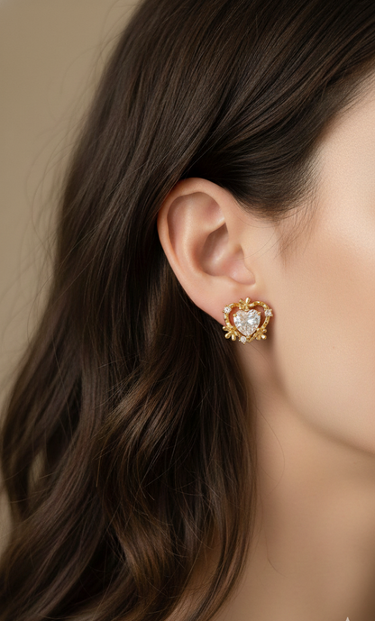 Golden Heart Crystal Stud Earrings
