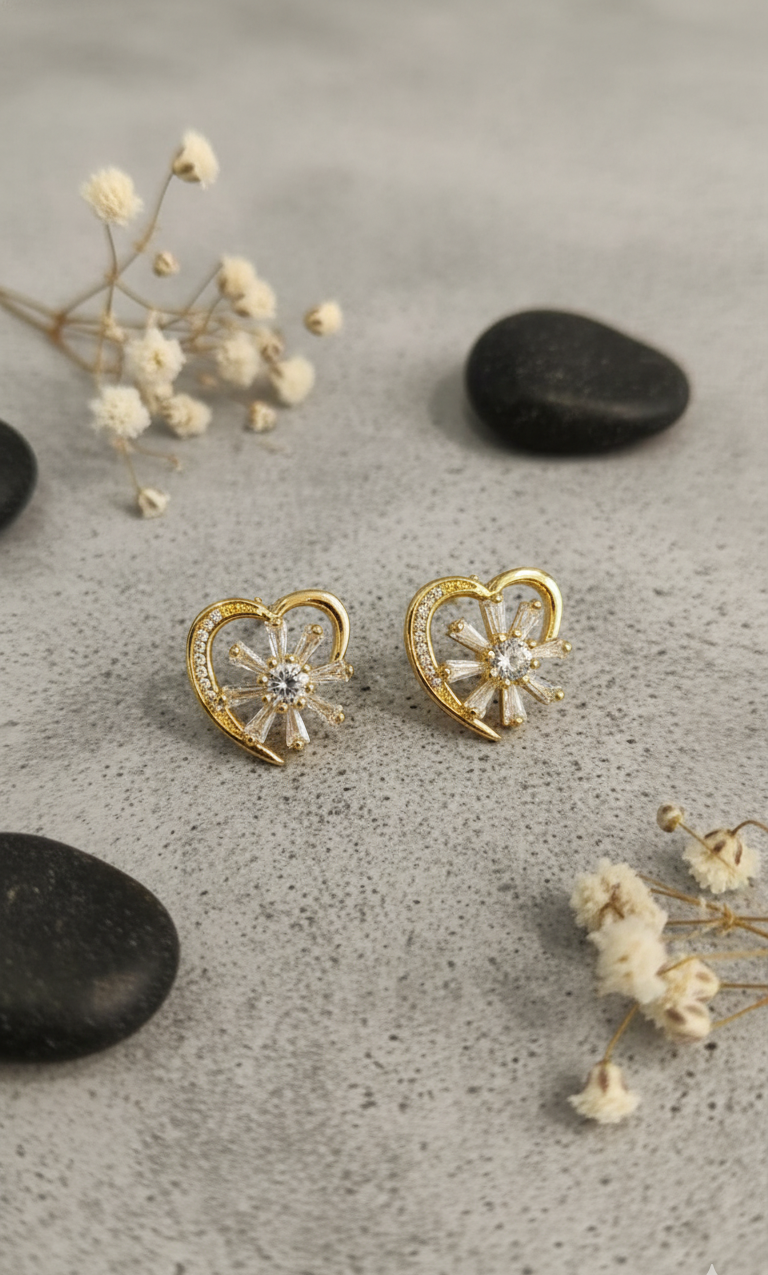 Golden Heart & Starburst Stud Earrings