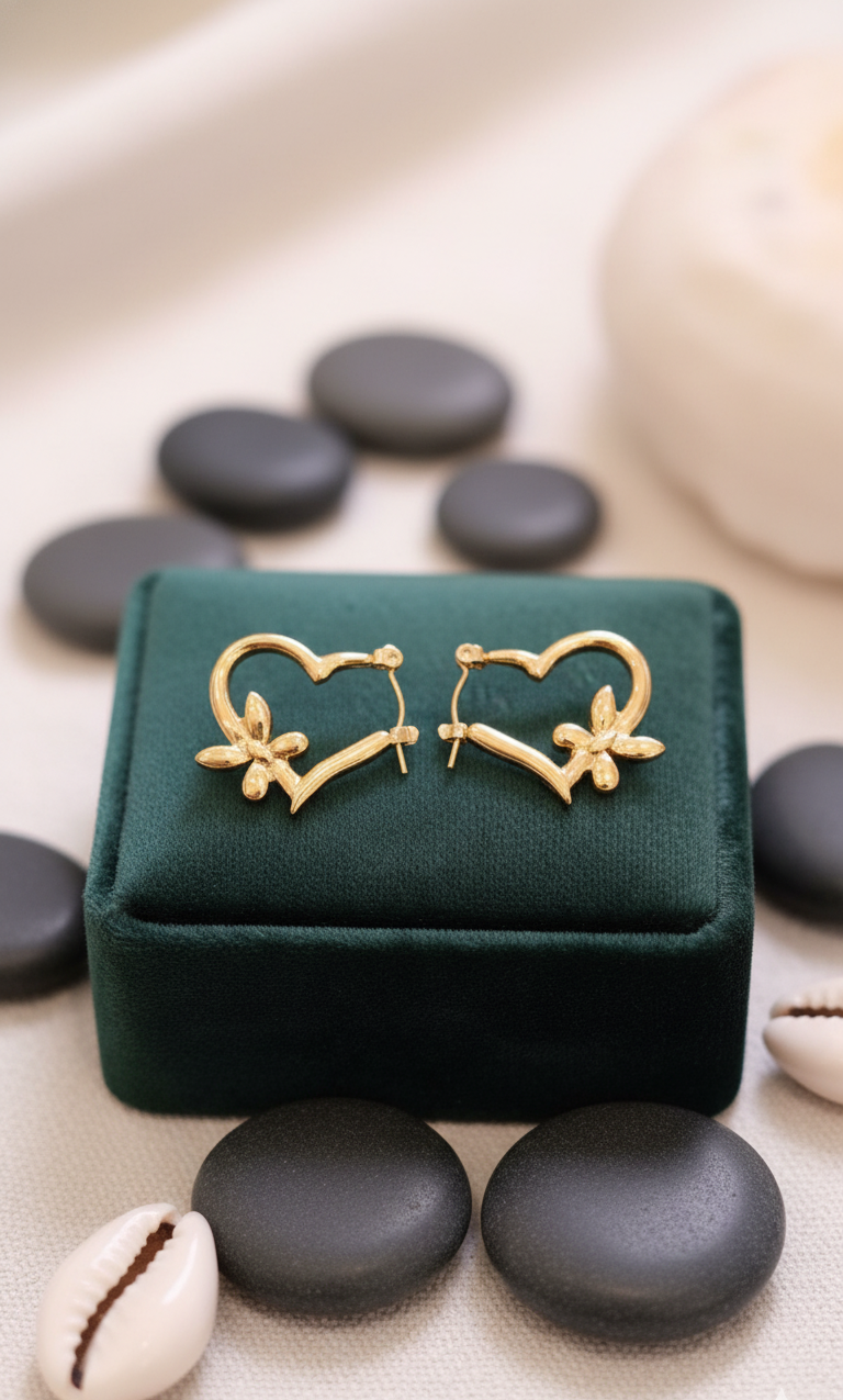 Romantic Heart & Flower Gold Hoop Earrings