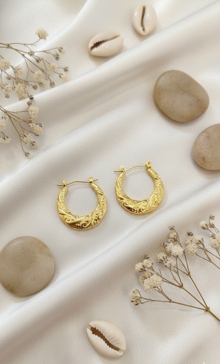 Ornate Gold Textured Hoop Earrings