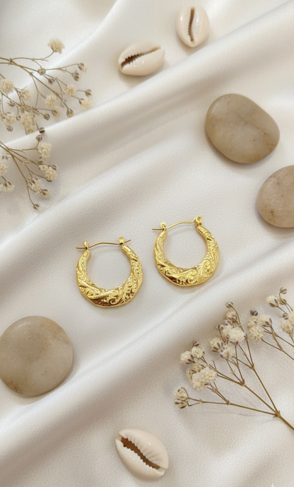 Ornate Gold Textured Hoop Earrings