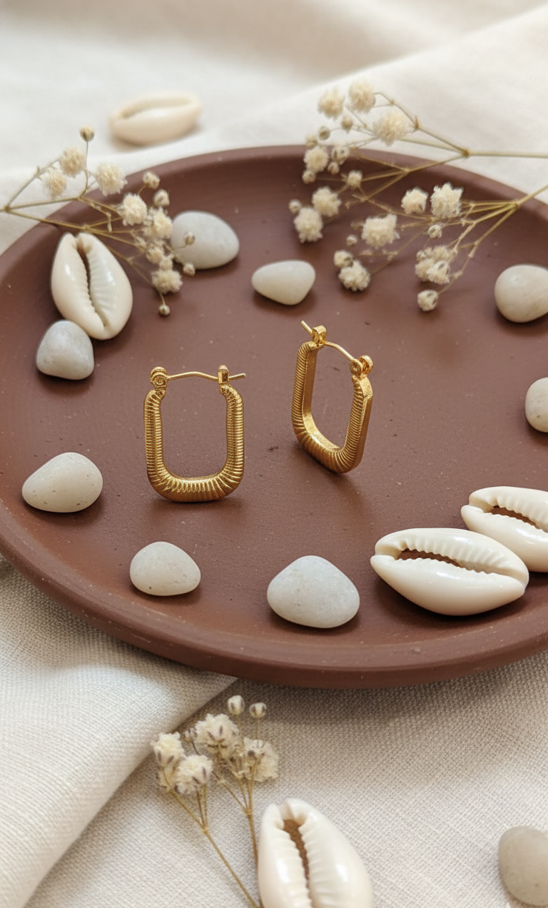 Gold Ribbed Rectangle Hoop Earrings