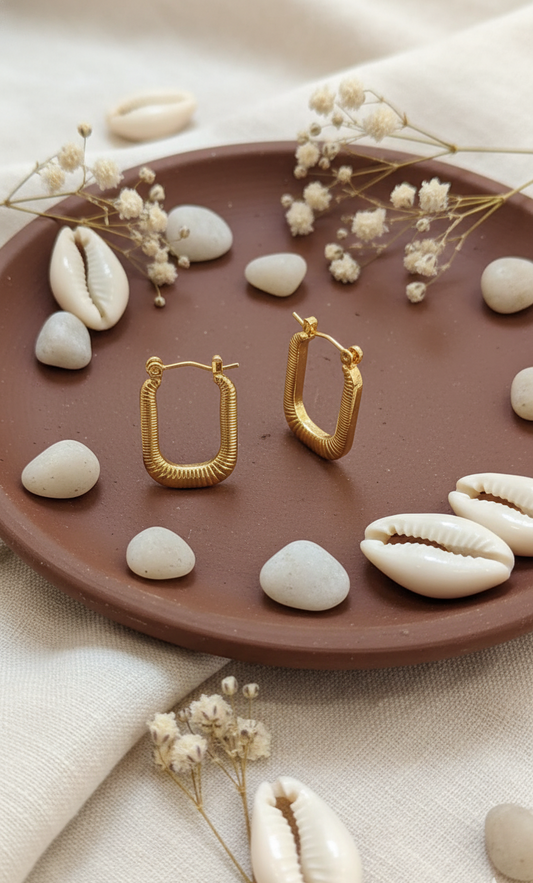 Gold Ribbed Rectangle Hoop Earrings