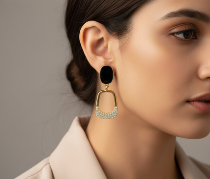 Elegant Gold-Plated Drop Earrings with Black Enamel