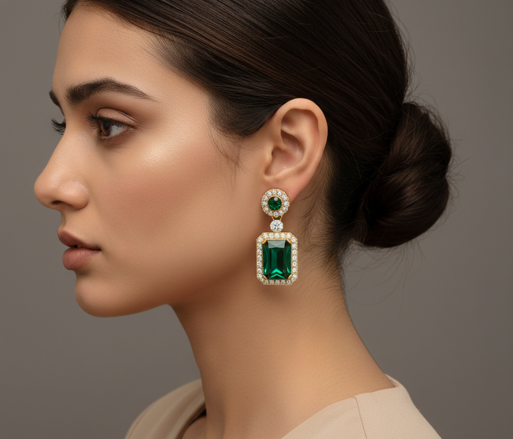Regal Emerald and Crystal Gold-Plated Drop Earrings