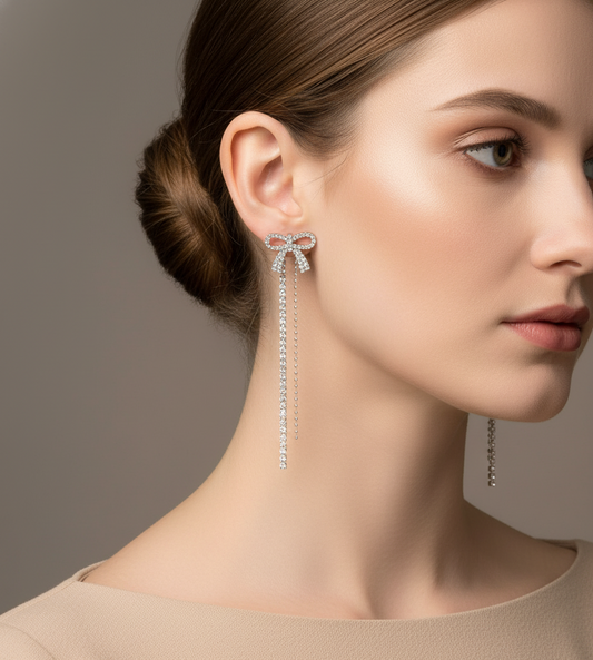 Dainty Bow and Crystal Tassel Drop Earrings