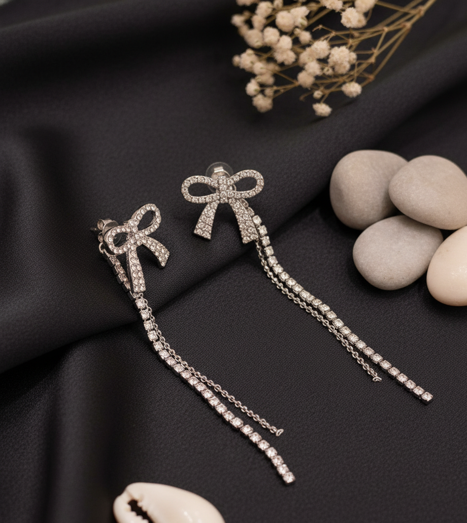 Dainty Bow and Crystal Tassel Drop Earrings
