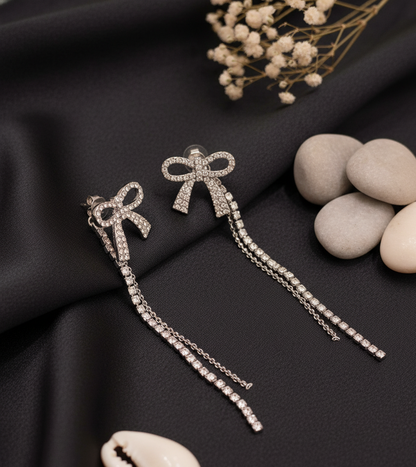 Dainty Bow and Crystal Tassel Drop Earrings