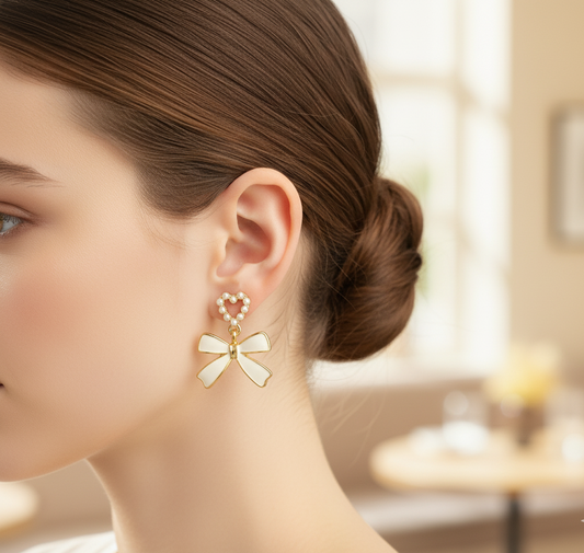 Sweetheart Pearl Bow Drop Earrings