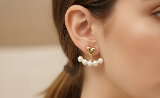 Elegant Gold Heart &amp; Pearl Drop Stud Earrings