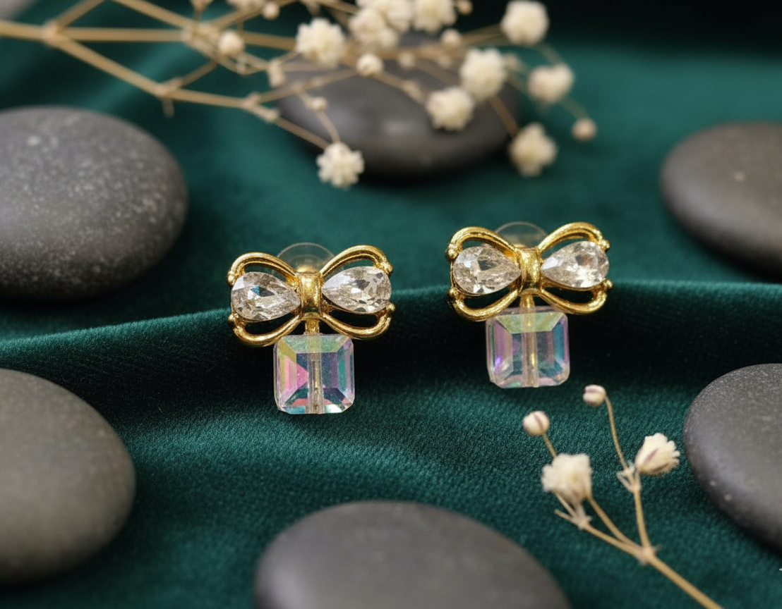 Dazzling Crystal Bow Drop Stud Earrings