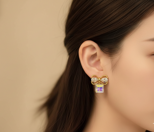 Dazzling Crystal Bow Drop Stud Earrings